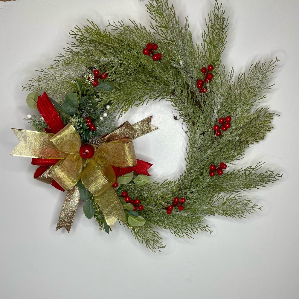 Festive Green and Red Holiday Wreath with Gold Accents